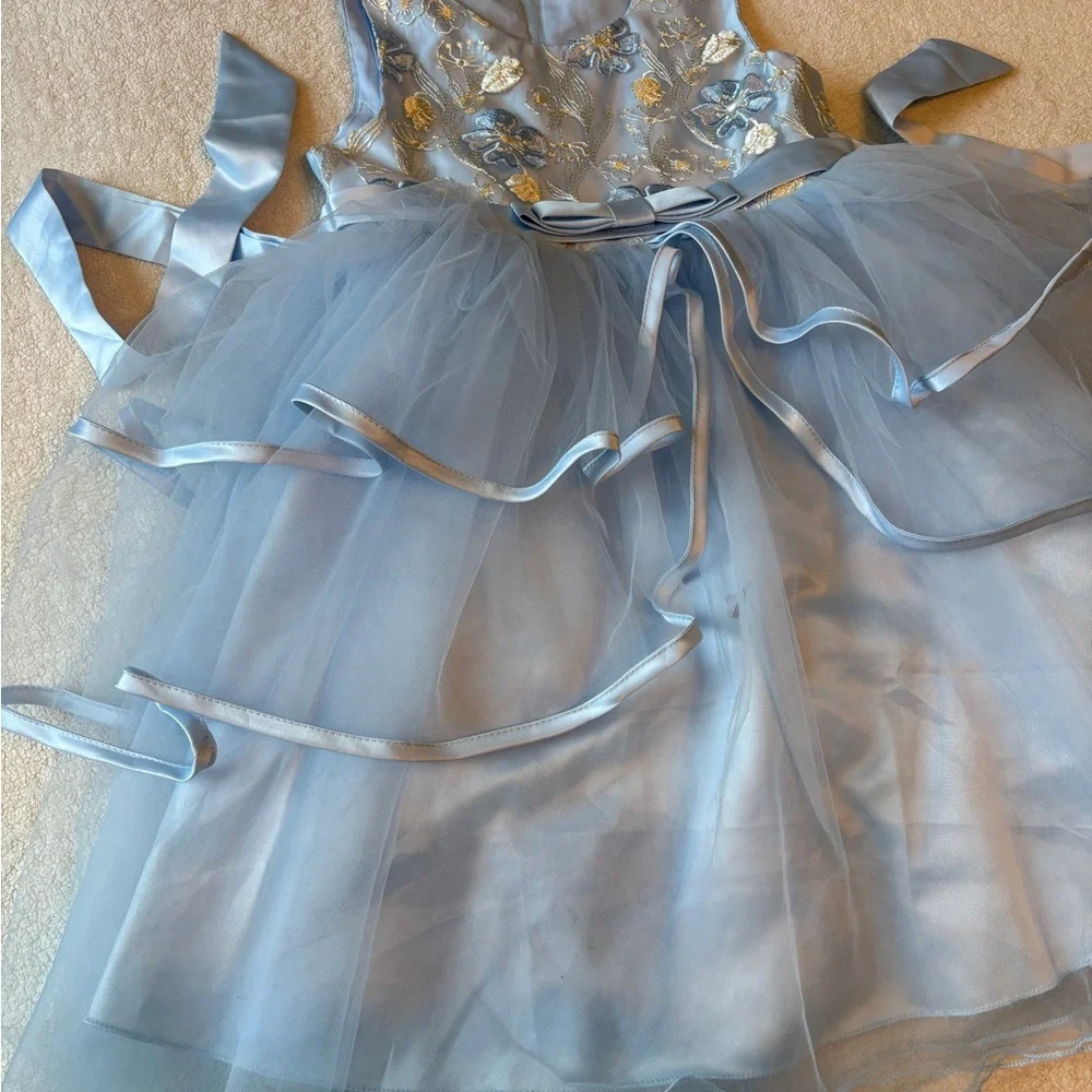 Elegant Blue Floral Dress with Tulle Skirt, Sz 140 (8-10) Easter Birthday